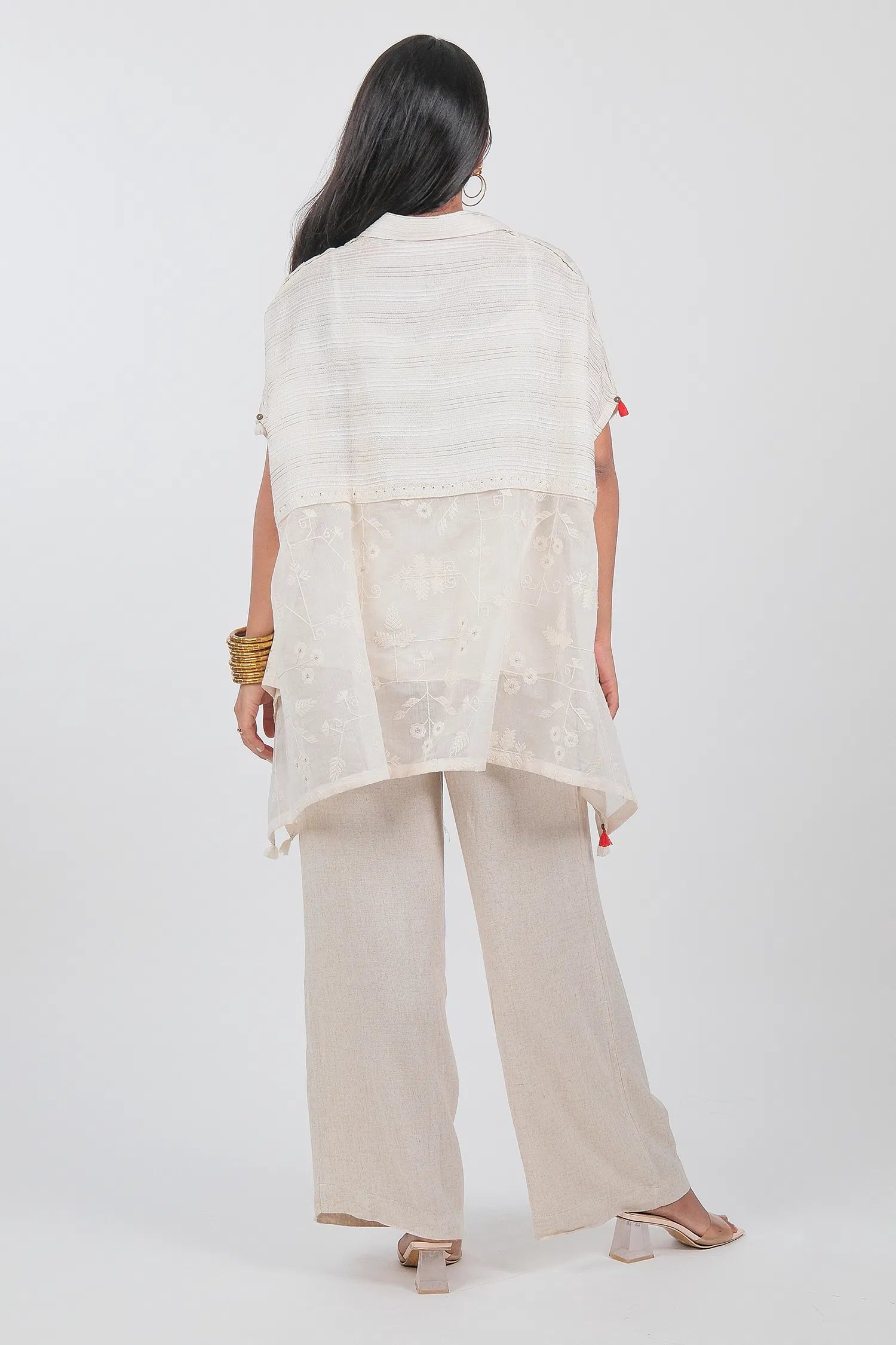 Off White Cotton Thread Embroidered Tunic Top