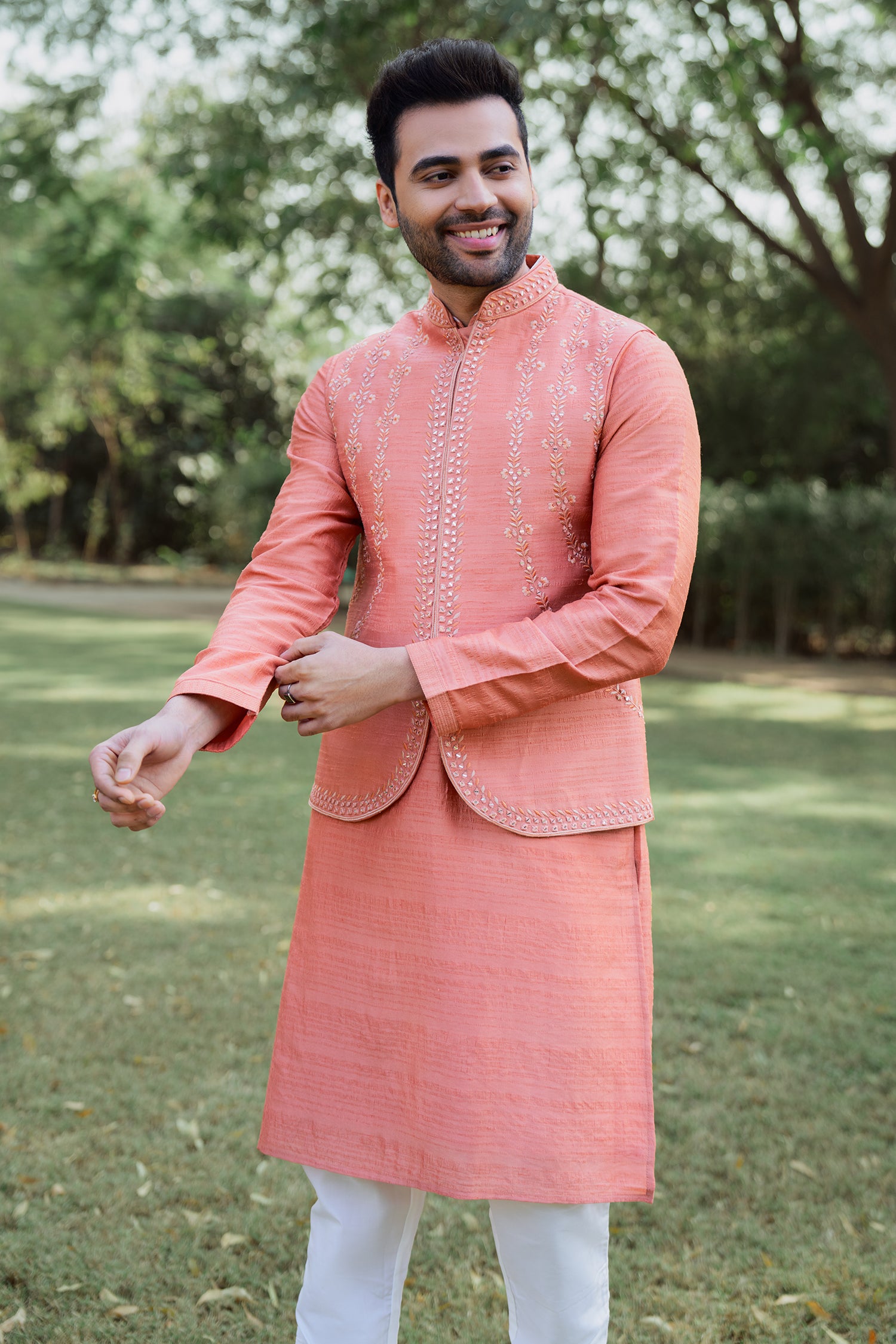 Light Orange Raw Silk Kurta Pajama with Mirror Work Jacket