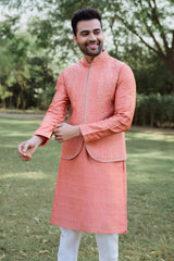 Light Orange Raw Silk Kurta Pajama with Mirror Work Jacket