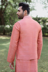 Light Orange Raw Silk Kurta Pajama with Mirror Work Jacket