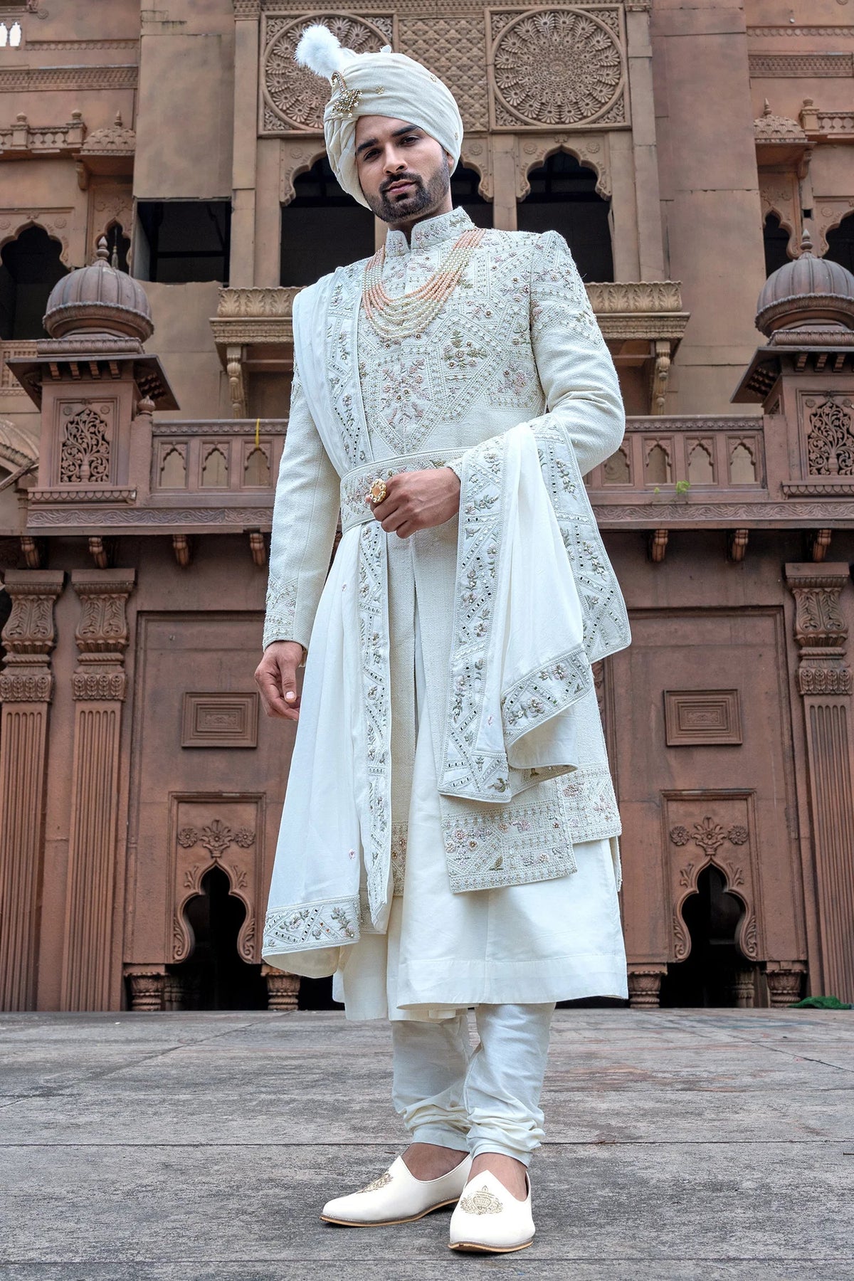 Handwork Khalid Pearl White Khadi Silk Handwork Sherwani Set – Asopalav.com