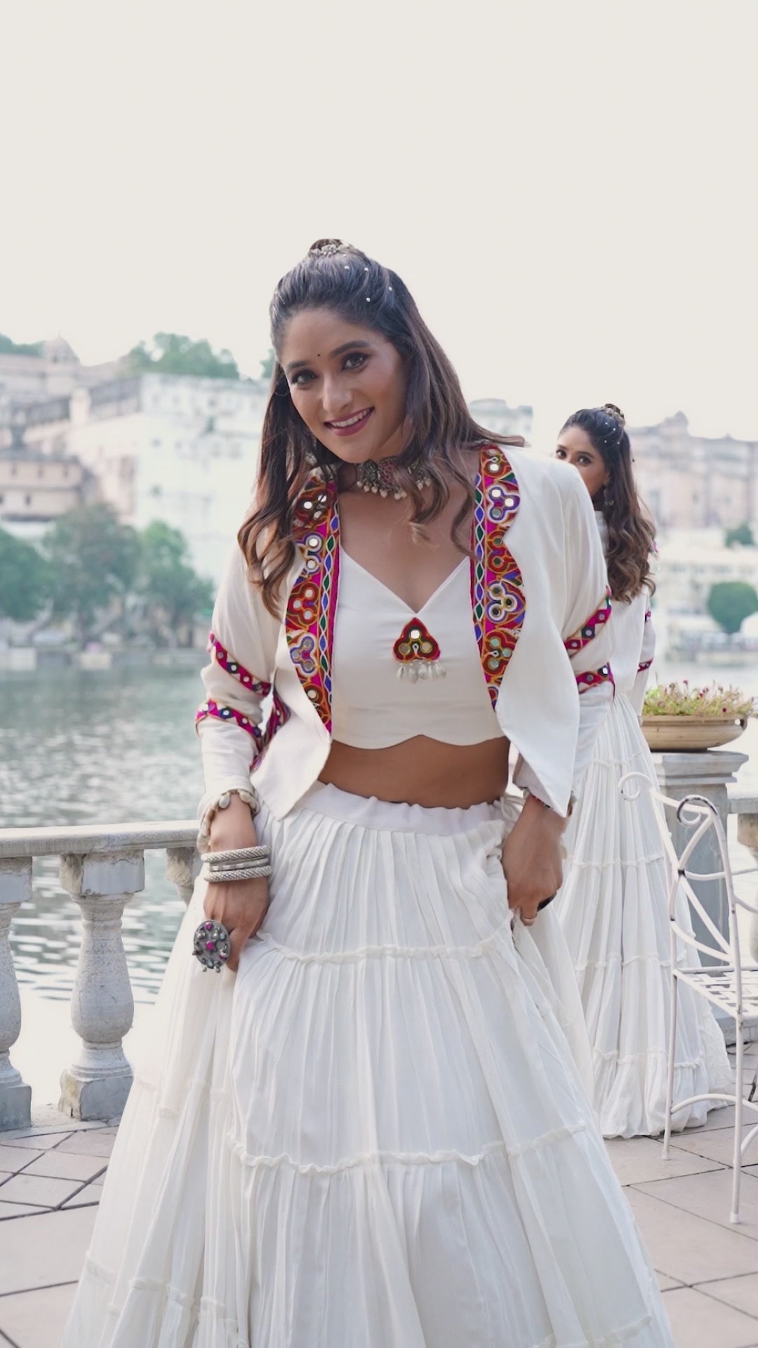 Off White Rayon Kachchi Worked Chaniya Choli with Jacket