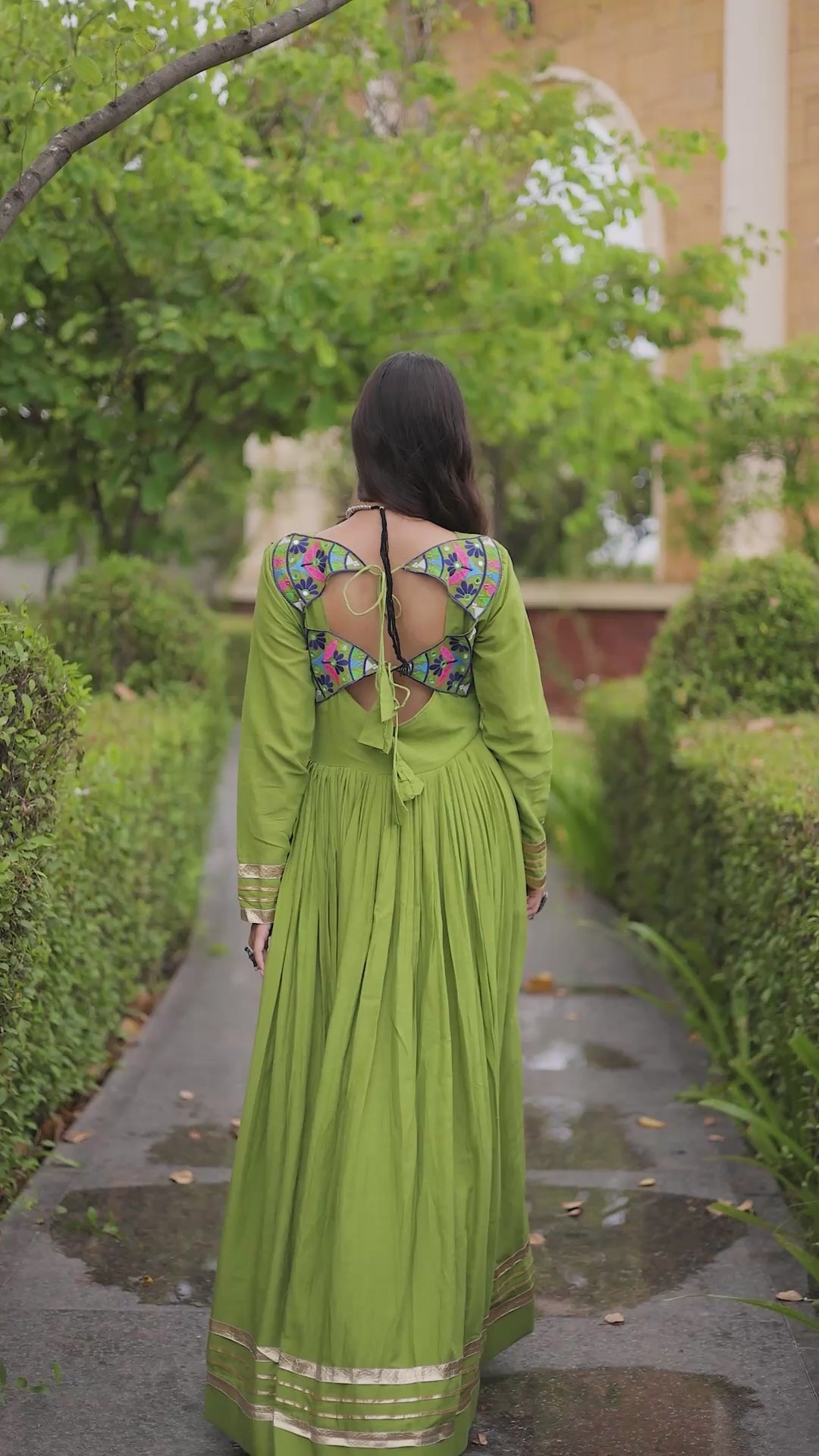 Green Cotton Embroidered Anarkali Flared Kurti