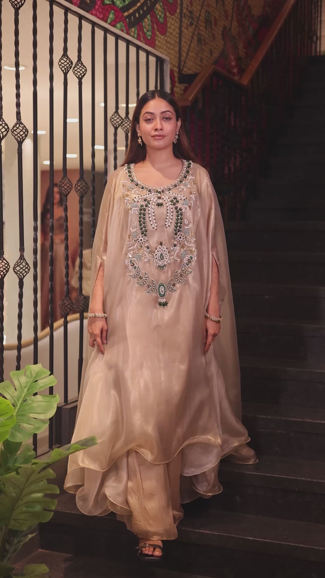 Light Beige Pearl Worked Tissue Cape Style Palazzo Set