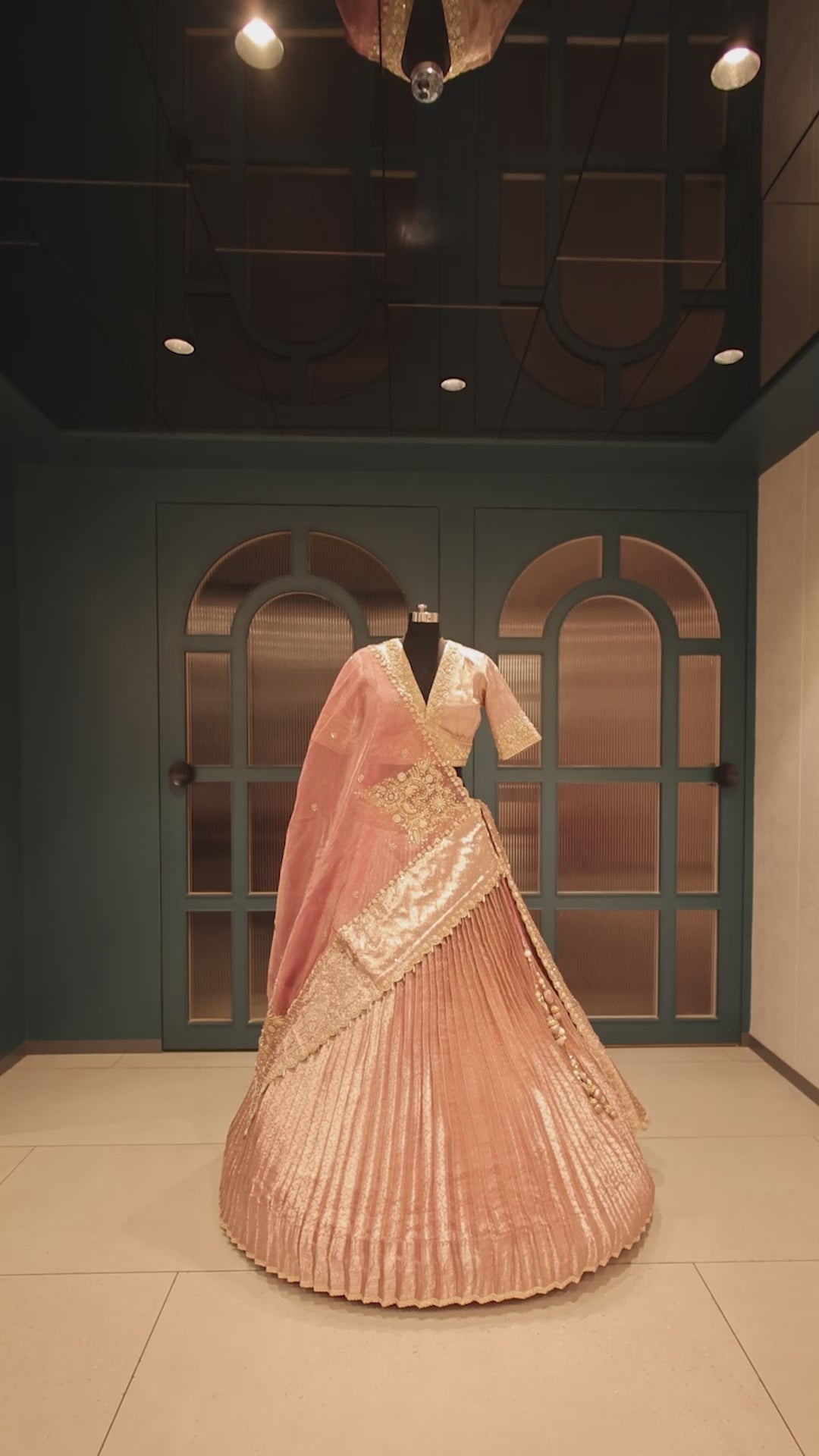 Pink Tissue Pleated Lehenga with Zardosi and Beads Work