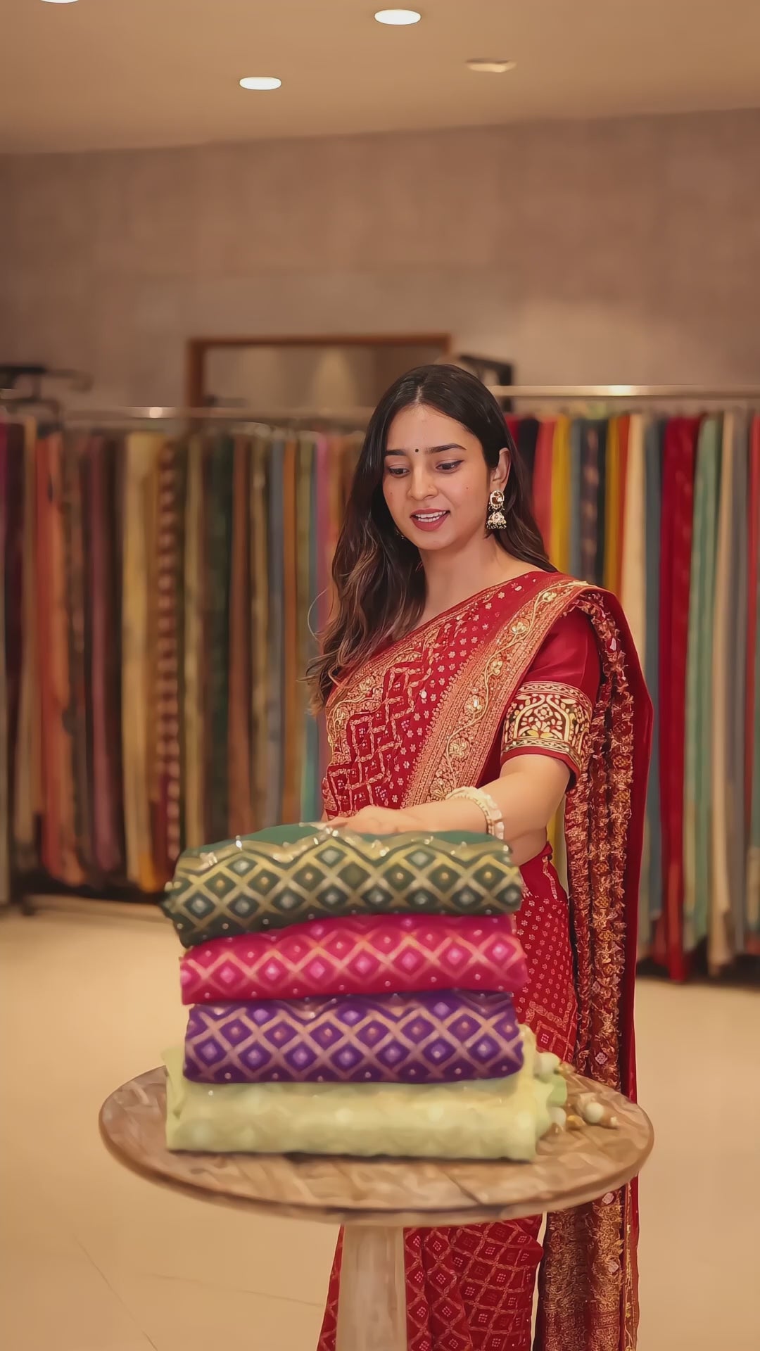 Red Georgette Traditional Bandhej Saree with Cutdana and Bead Work