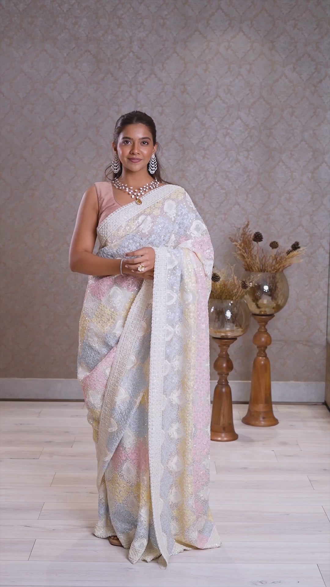Light Yellow Designer Lucknowi Chikankari and Zardosi Worked Saree with Mukaish Work