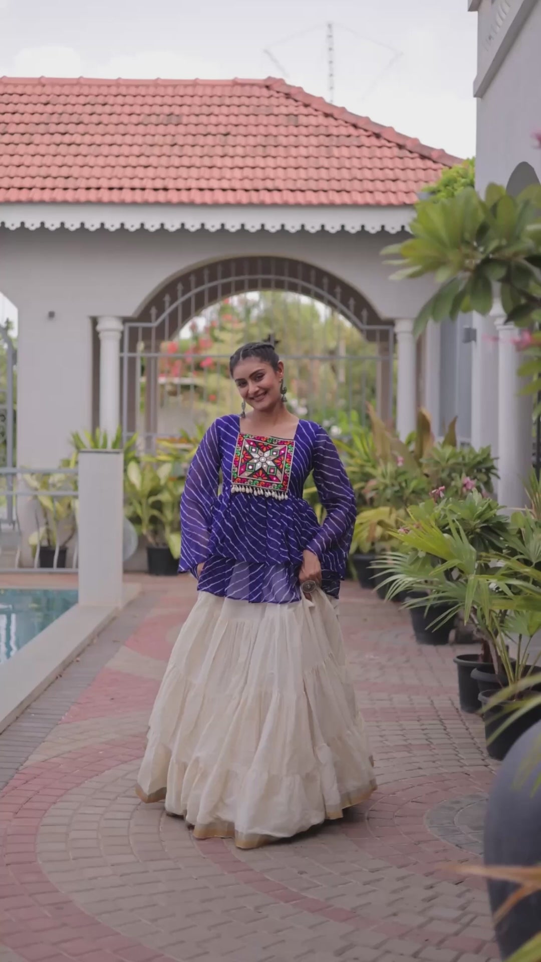 White Cotton Flared Peplum Chaniya Choli with Kachchi Work