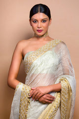 Pastel Grey and Golden Tissue Saree with Cutdana and Beads in Scallop Design On Border