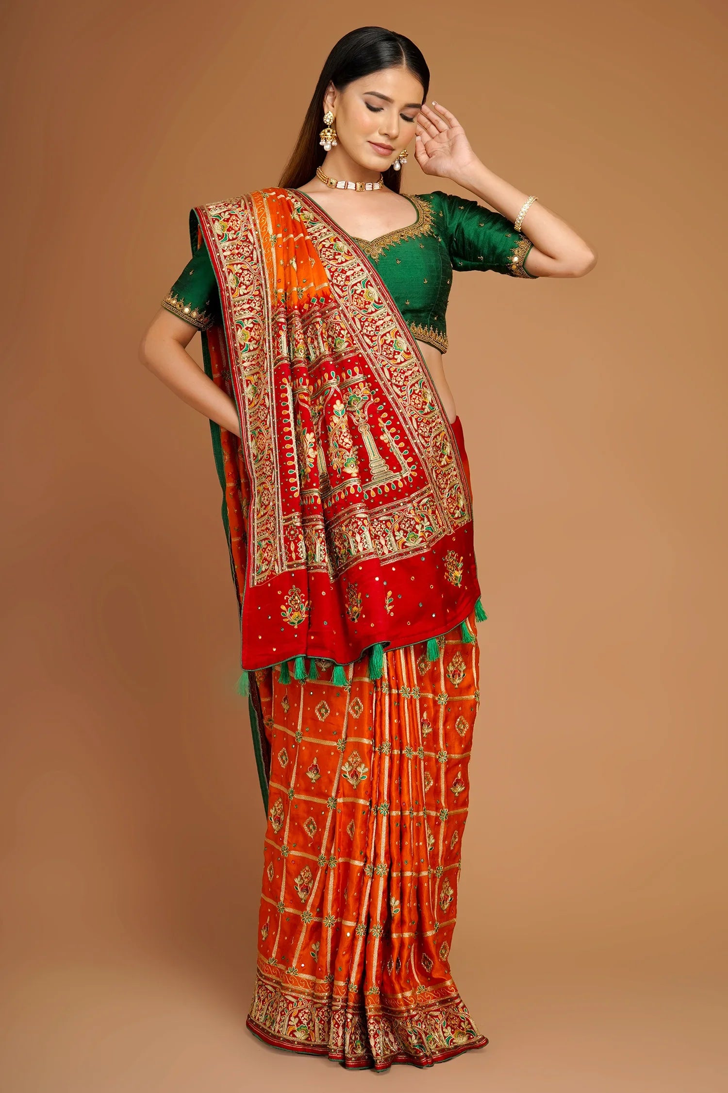 Orange Checks Embroidered Gharchola Saree in Silk with Contrast Border and Pallu