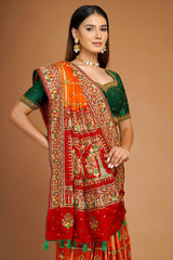 Orange Checks Embroidered Gharchola Saree in Silk with Contrast Border and Pallu