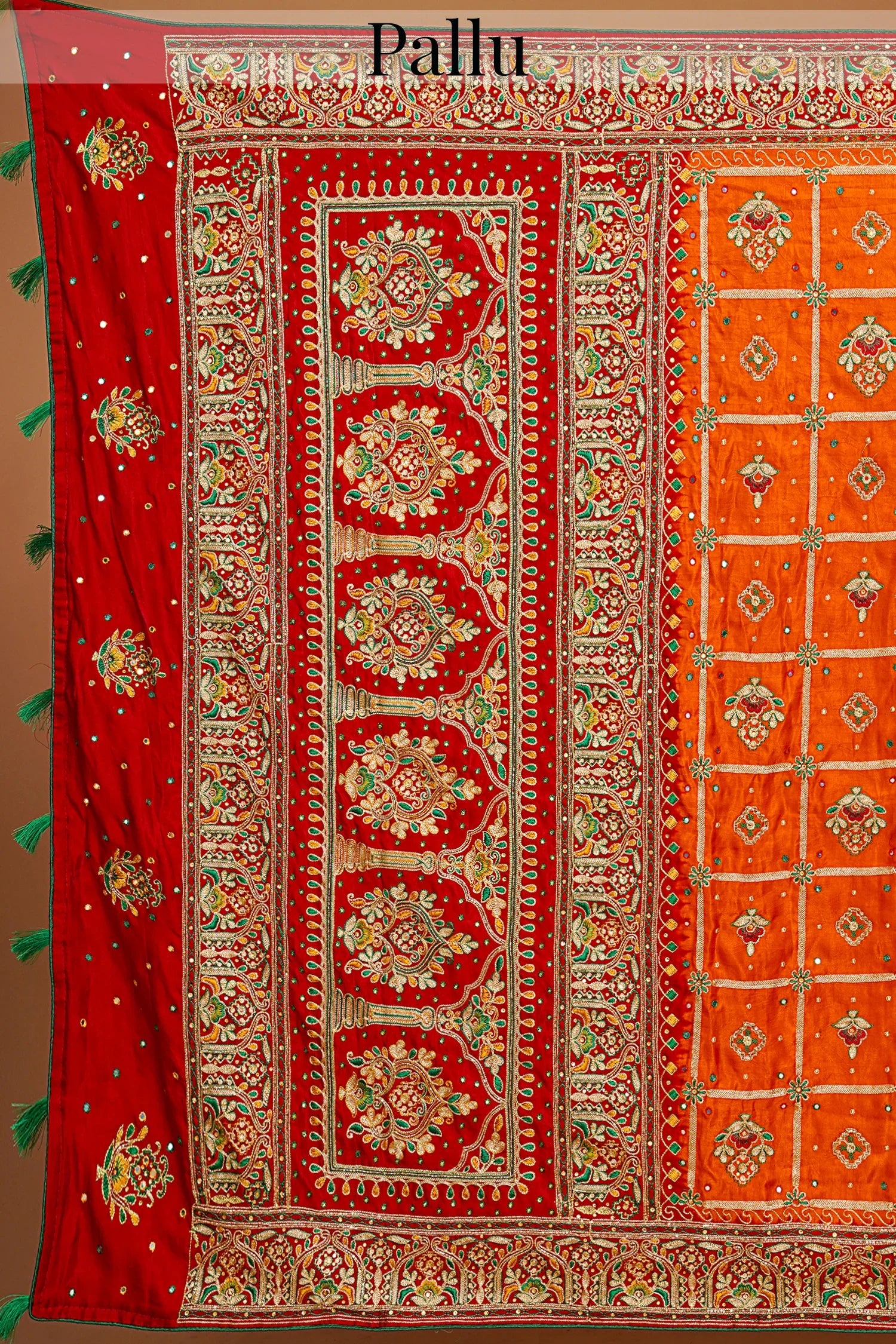 Orange Checks Embroidered Gharchola Saree in Silk with Contrast Border and Pallu