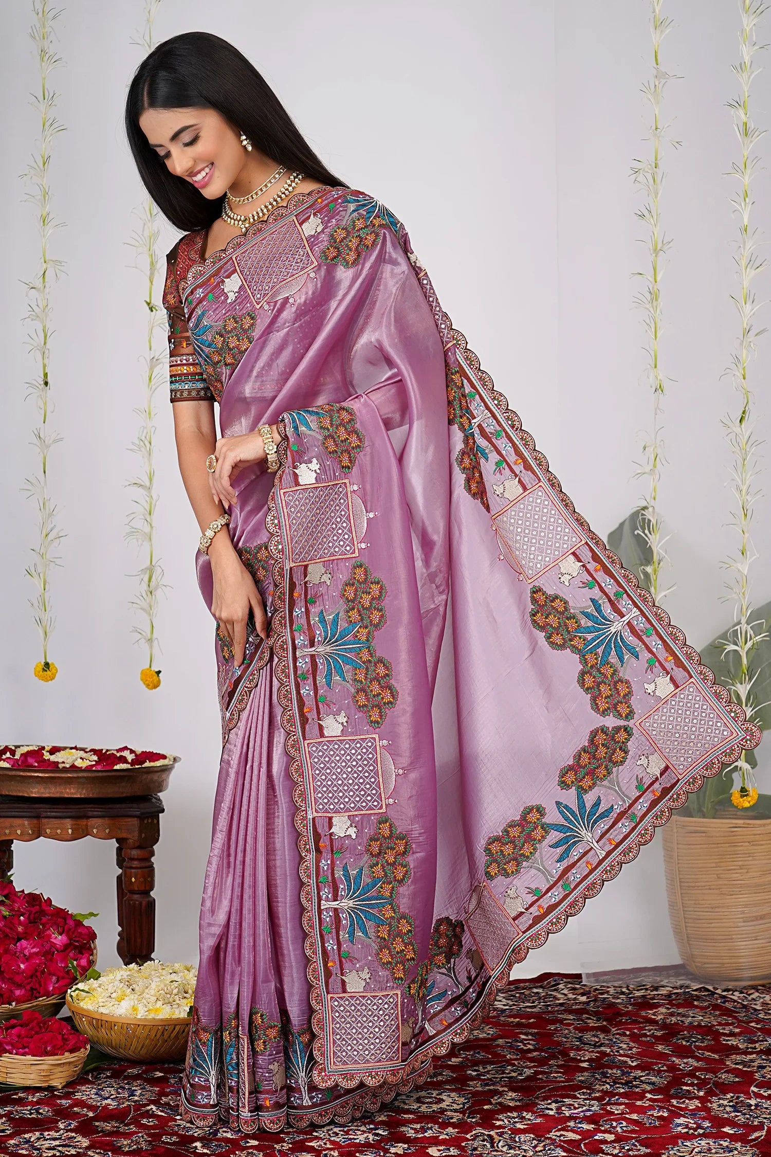 Mauve Organza Silk Saree with Embroidery and Scallop Border