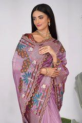 Mauve Organza Silk Saree with Embroidery and Scallop Border