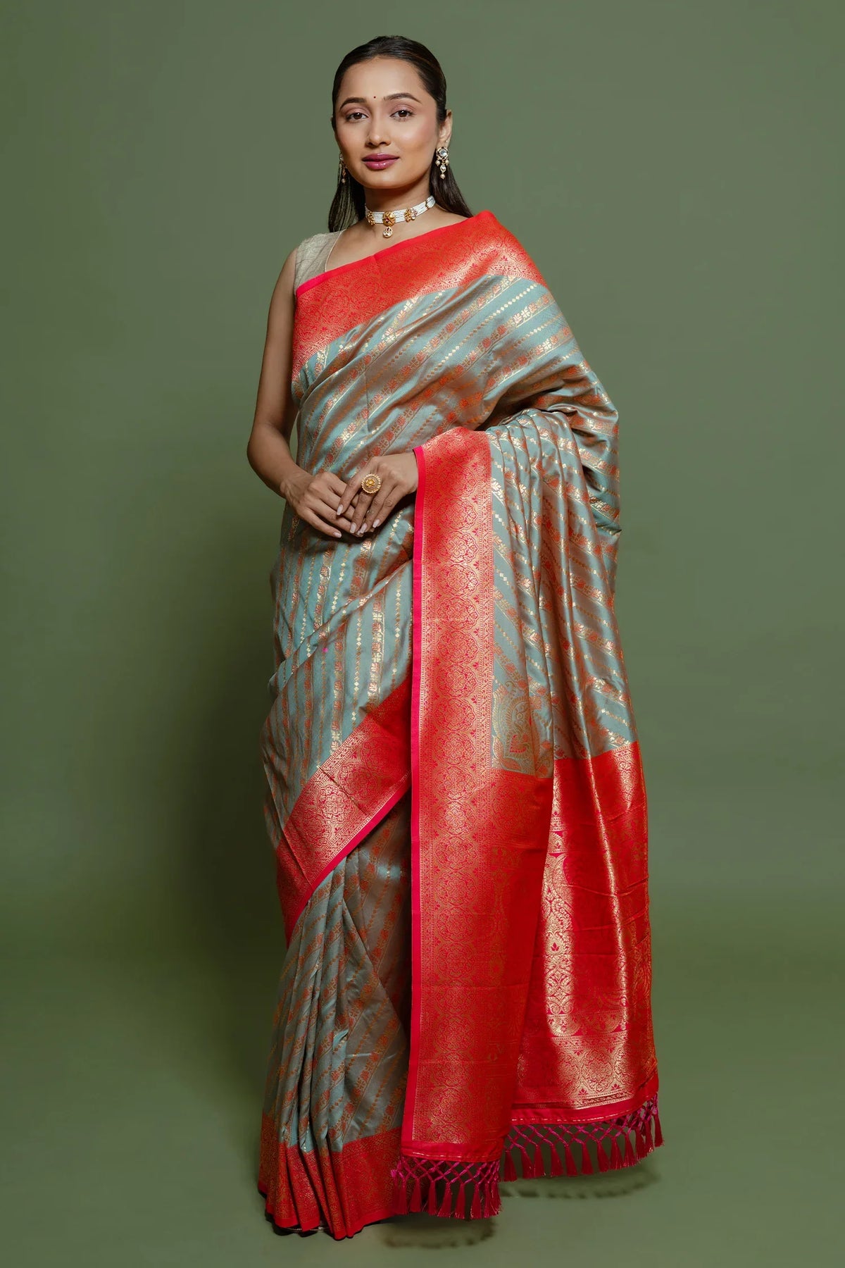 Sage Green Art Silk Woven Saree with Contrast Border and Pallu