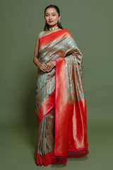 Sage Green Art Silk Woven Saree with Contrast Border and Pallu