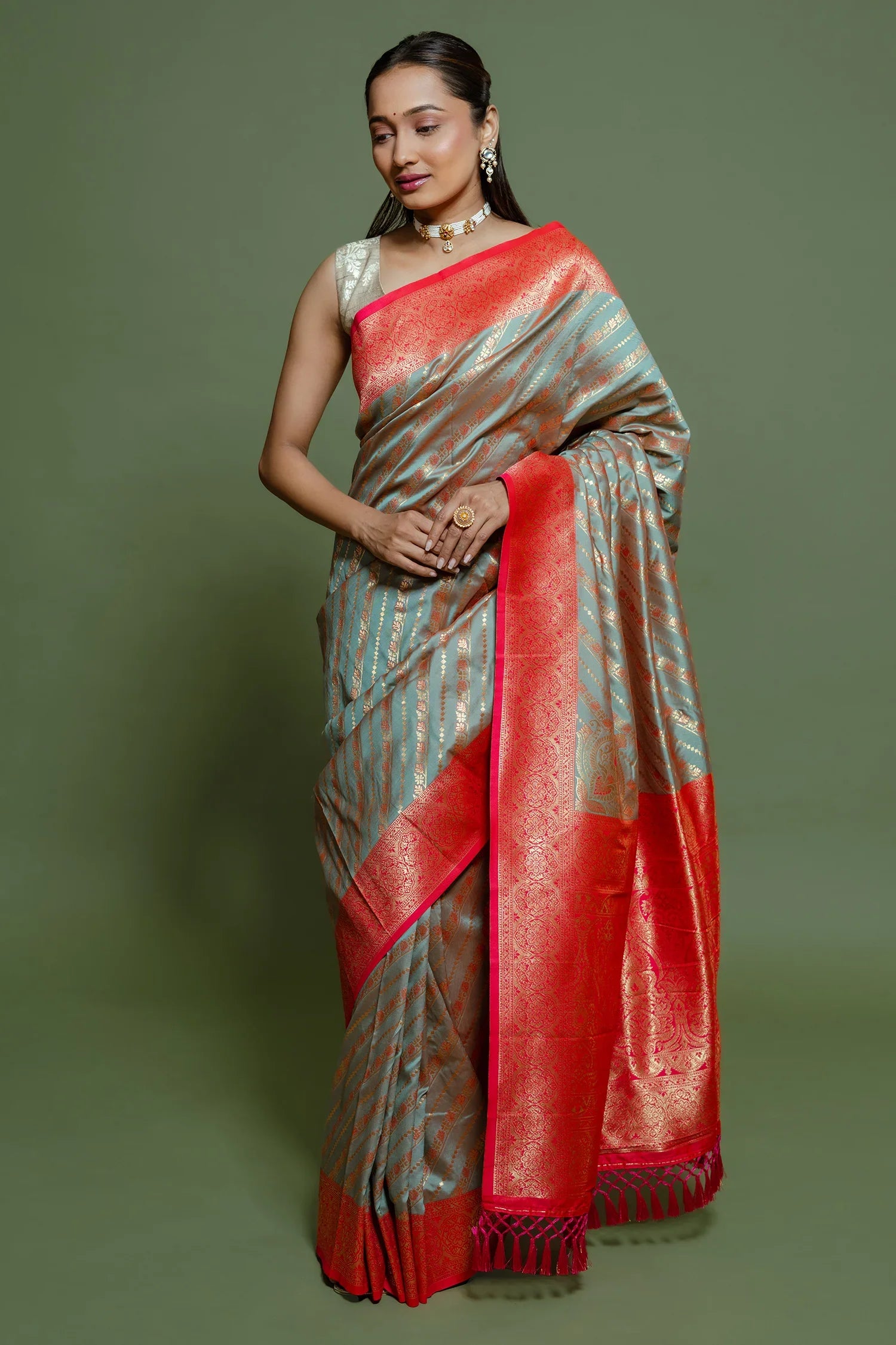 Sage Green Art Silk Woven Saree with Contrast Border and Pallu