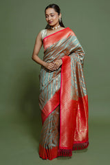Sage Green Art Silk Woven Saree with Contrast Border and Pallu