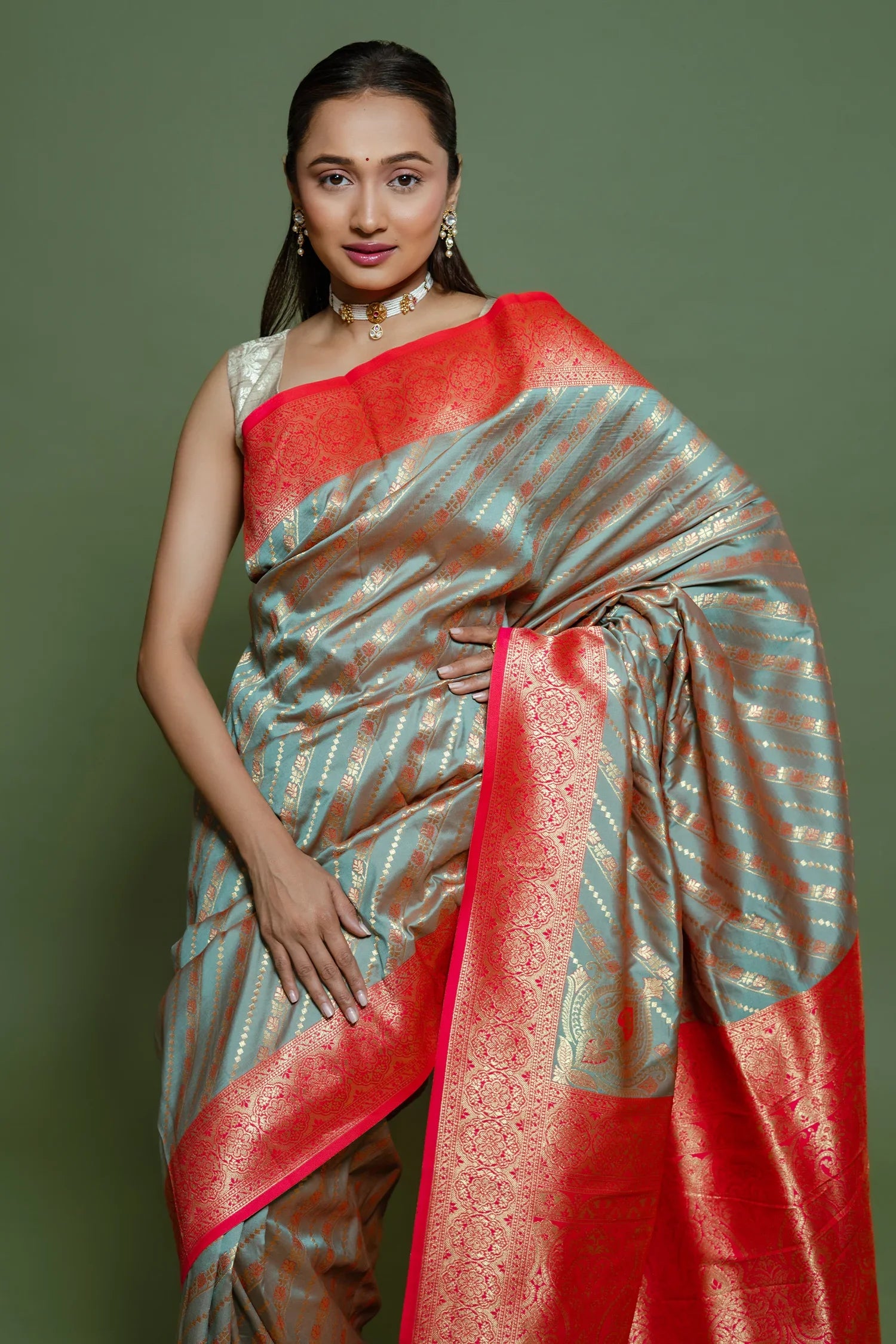 Sage Green Art Silk Woven Saree with Contrast Border and Pallu