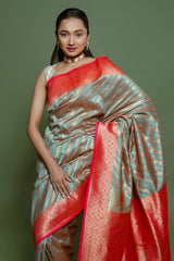 Sage Green Art Silk Woven Saree with Contrast Border and Pallu