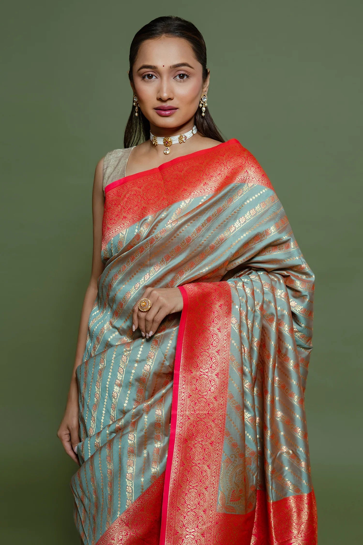 Sage Green Art Silk Woven Saree with Contrast Border and Pallu