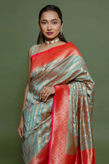 Sage Green Art Silk Woven Saree with Contrast Border and Pallu
