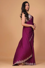 Wine Satin Silk Handworked Border Saree