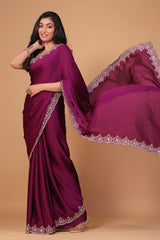 Wine Satin Silk Handworked Border Saree