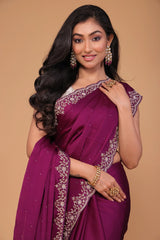 Wine Satin Silk Handworked Border Saree