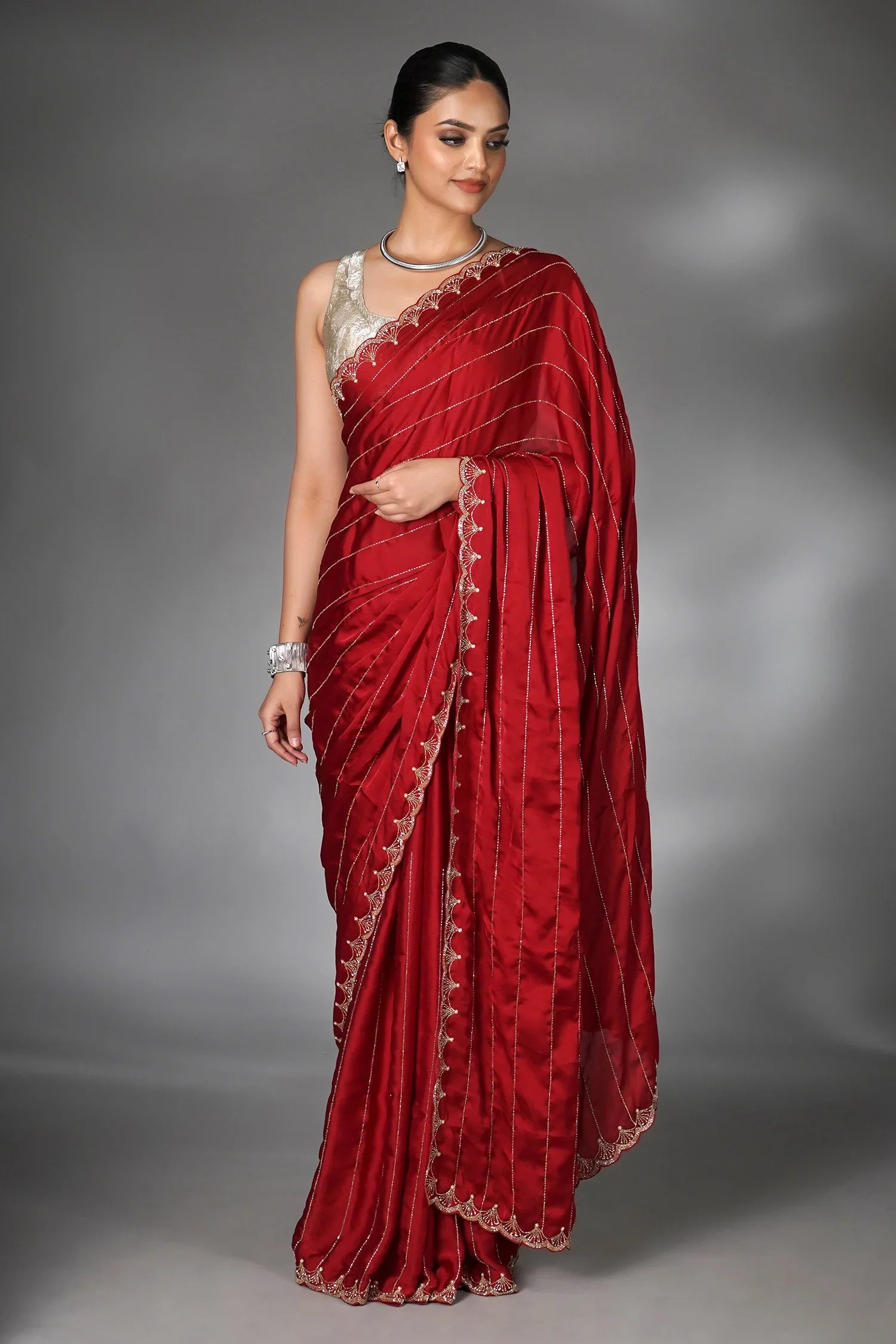 Red Satin Silk Cutdana Worked Saree