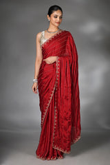 Red Satin Silk Cutdana Worked Saree