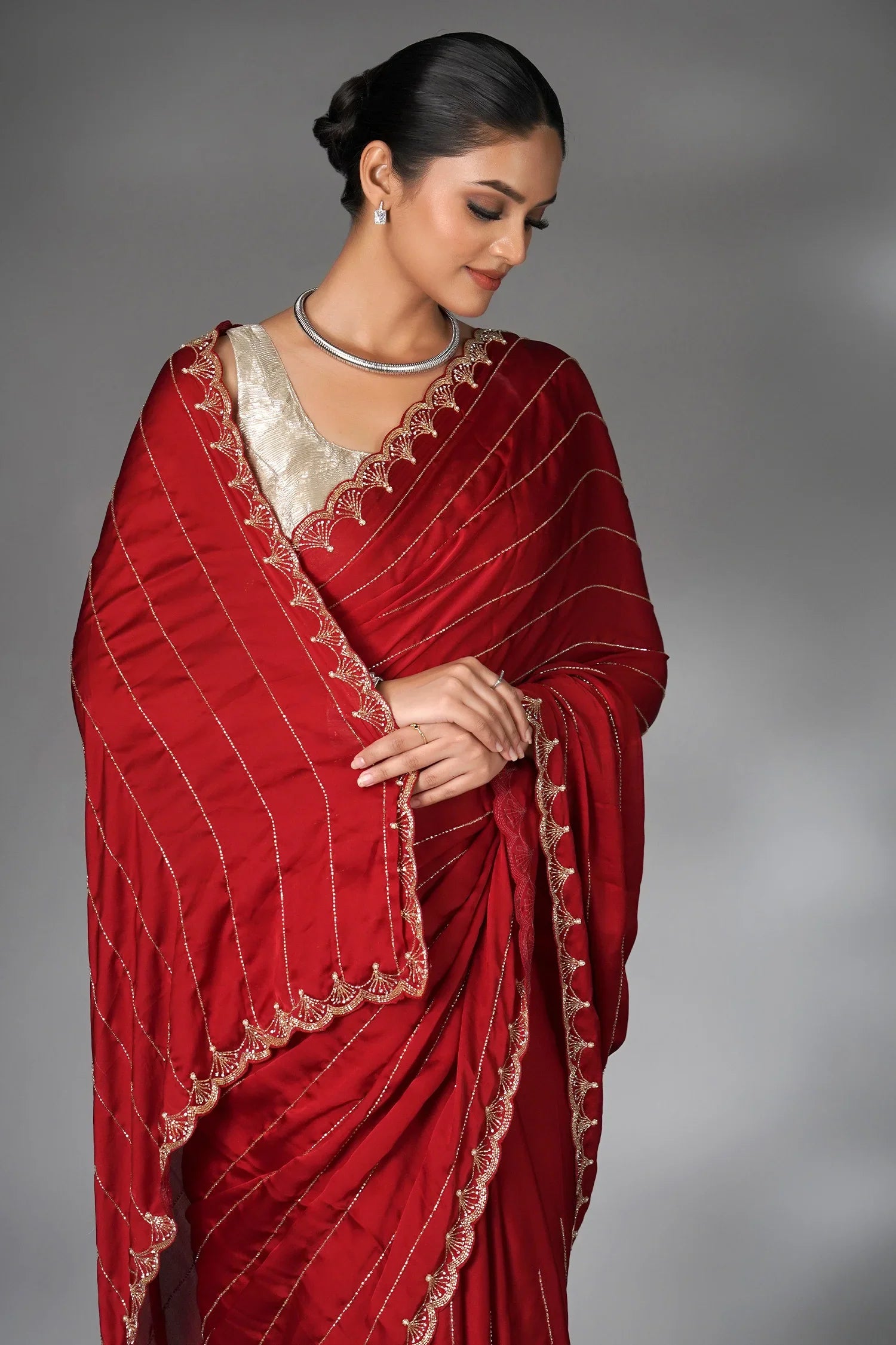 Red Satin Silk Cutdana Worked Saree