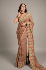 Mauve Georgette Digital Floral Printed Saree with Marodi and Lampi Gota Work Border