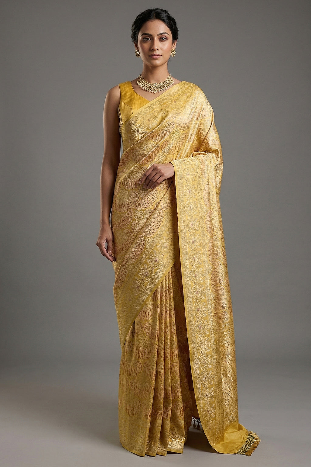 Light Yellow Silk All Over Woven Saree