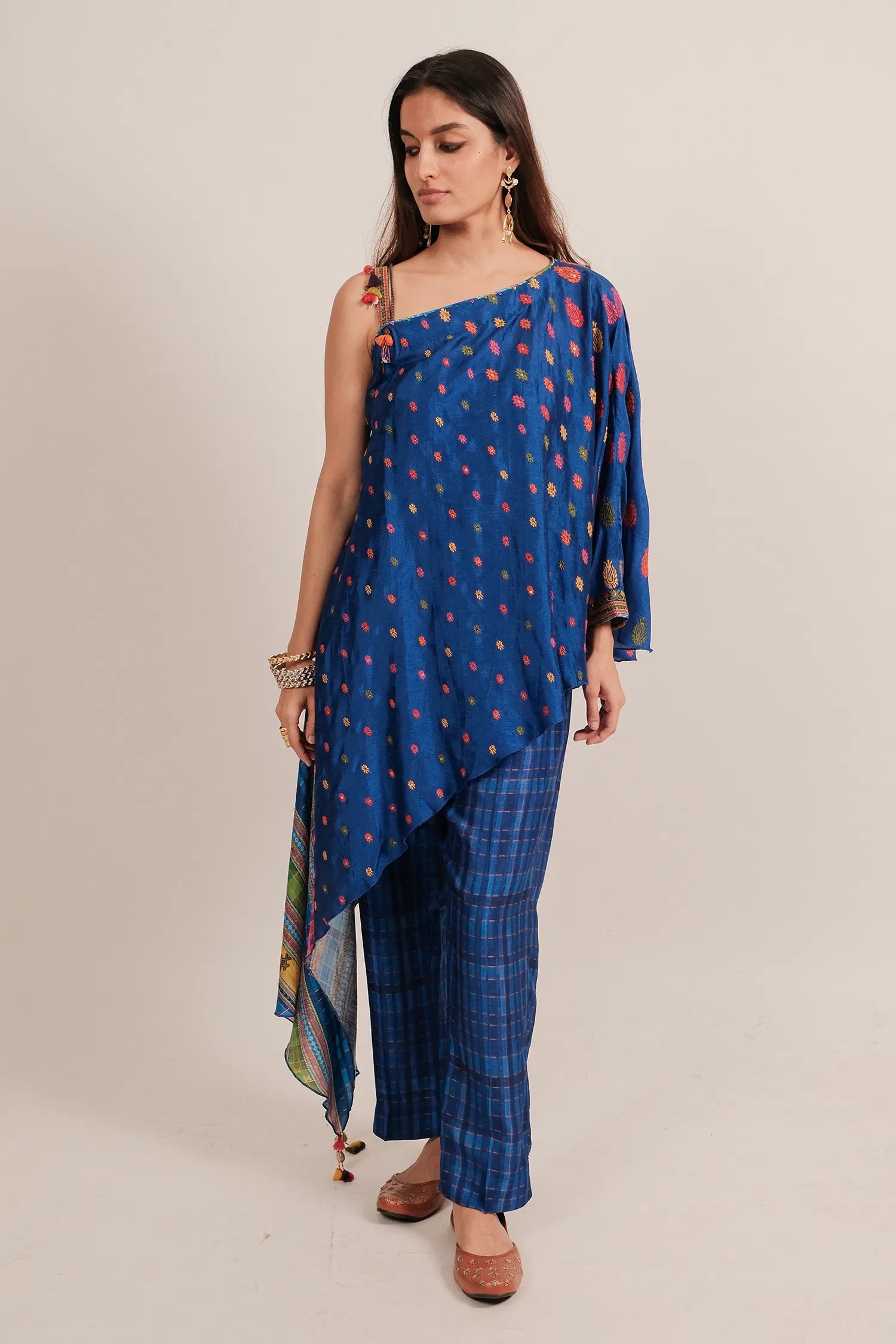 Blue Silk Printed One Shoulder Asymmetrical Top with Pant