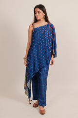 Blue Silk Printed One Shoulder Asymmetrical Top with Pant