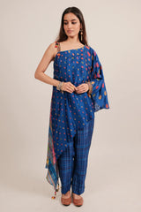 Blue Silk Printed One Shoulder Asymmetrical Top with Pant