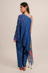 Blue Silk Printed One Shoulder Asymmetrical Top with Pant