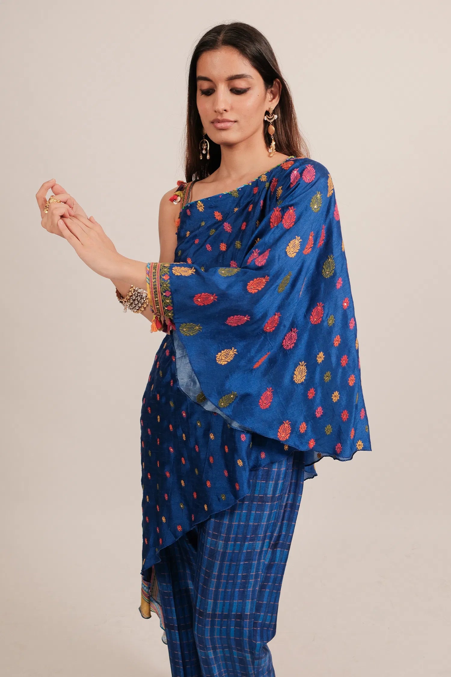 Blue Silk Printed One Shoulder Asymmetrical Top with Pant