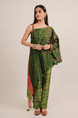 Green Silk Printed One Shoulder Asymmetrical Top with Pant