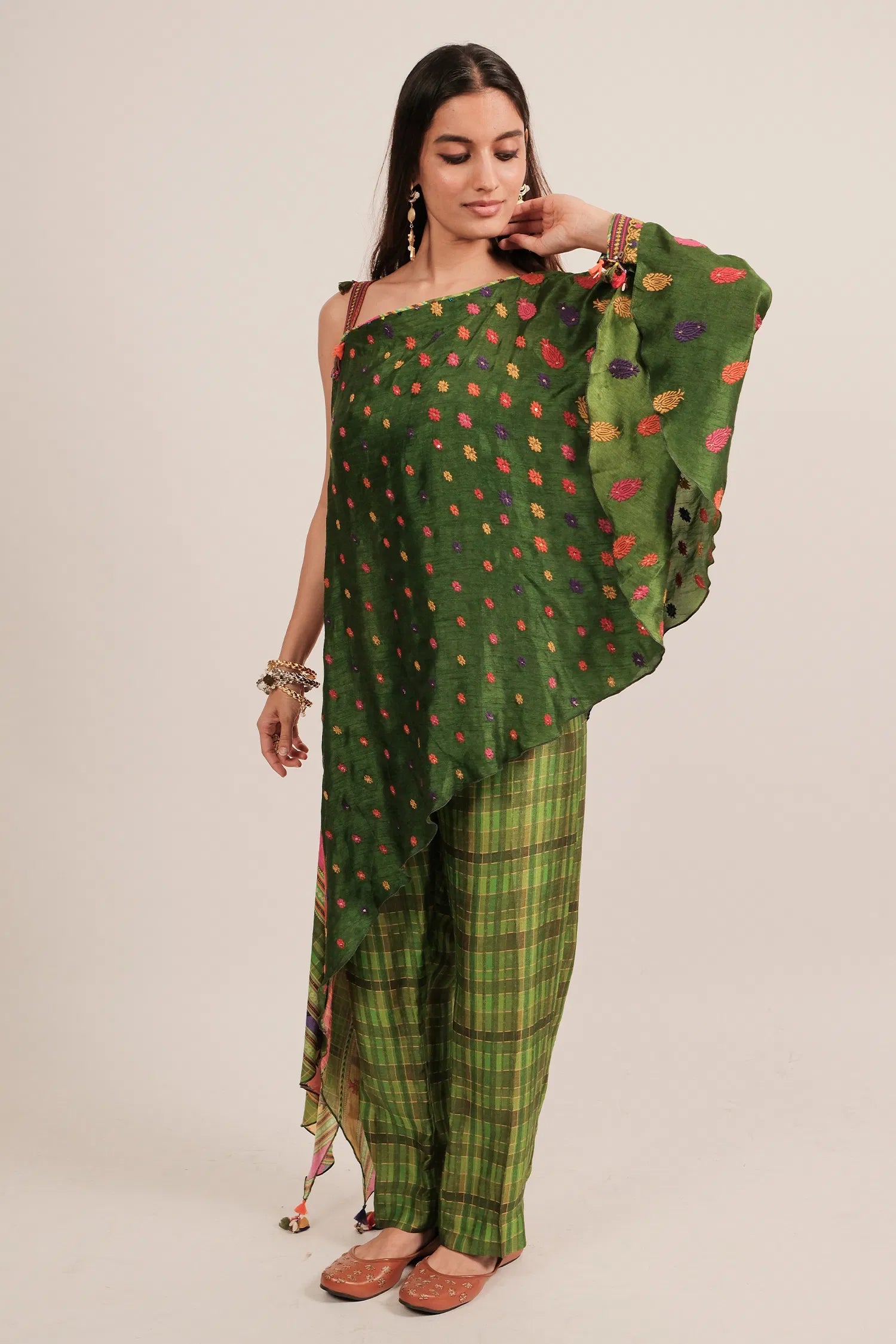 Green Silk Printed One Shoulder Asymmetrical Top with Pant