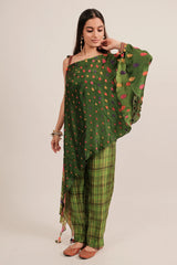 Green Silk Printed One Shoulder Asymmetrical Top with Pant