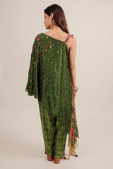 Green Silk Printed One Shoulder Asymmetrical Top with Pant