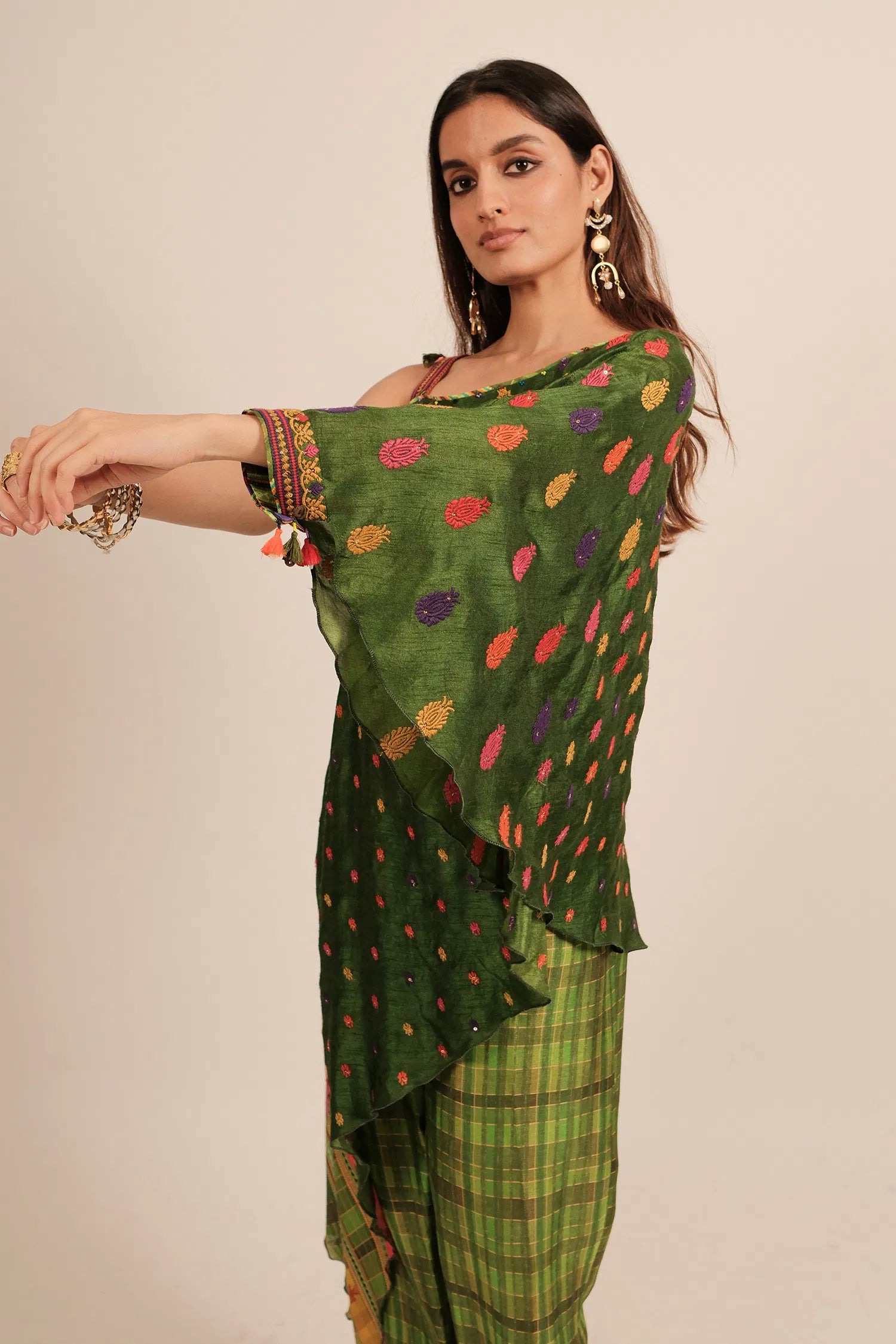 Green Silk Printed One Shoulder Asymmetrical Top with Pant