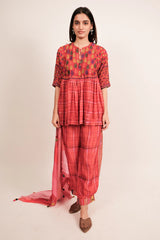 Red Silk Printed and Embroidered Peplum Palazzo Suit