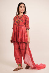 Red Silk Printed and Embroidered Peplum Palazzo Suit