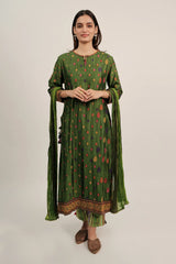Green Silk Embroidered Buttis Straight Cut Suit