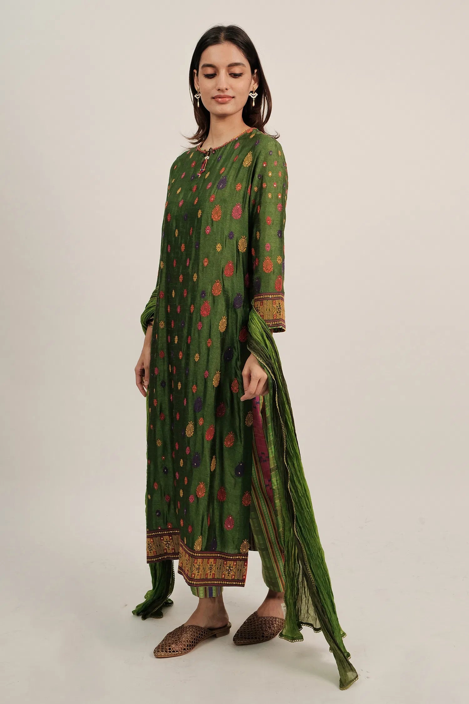 Green Silk Embroidered Buttis Straight Cut Suit