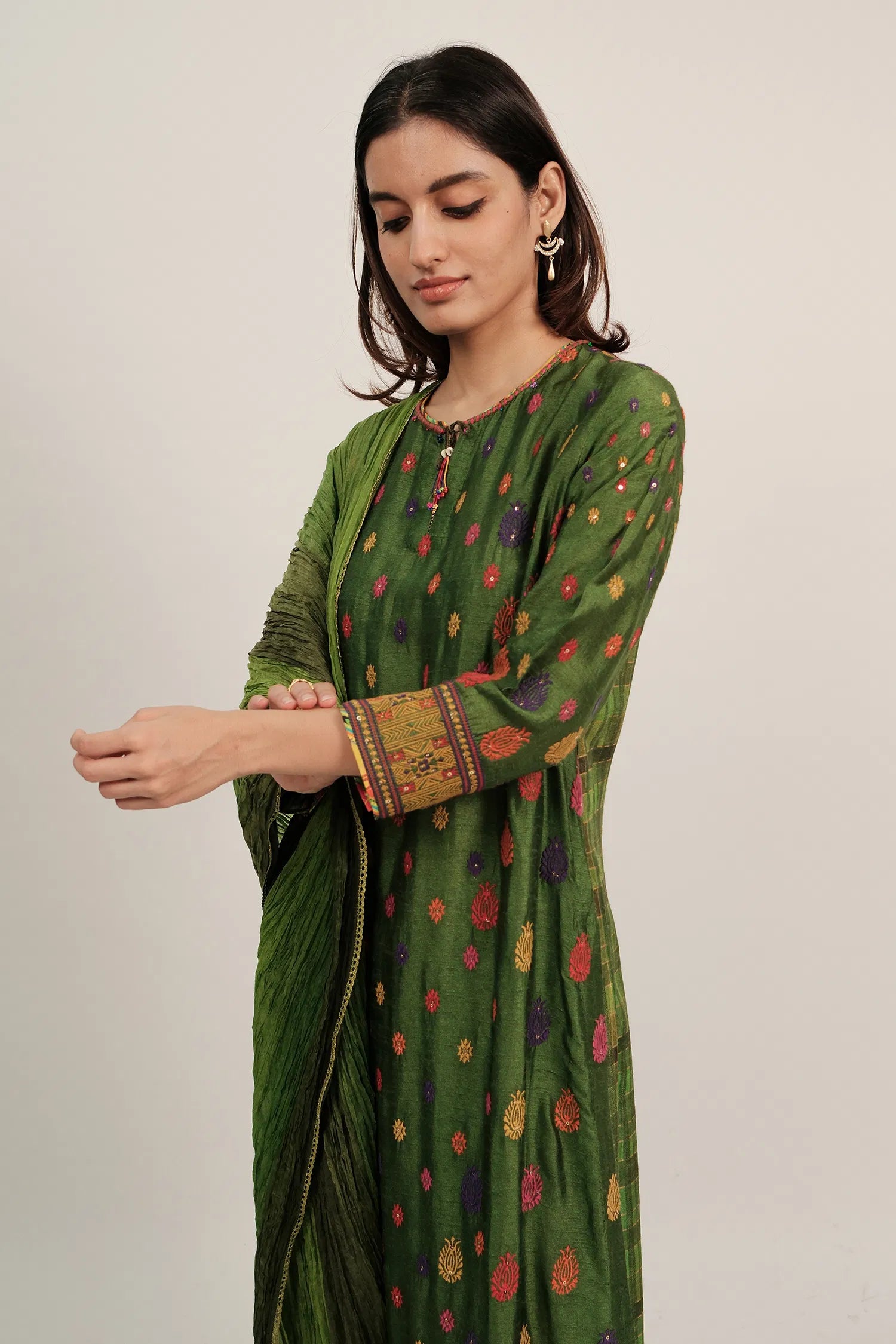 Green Silk Embroidered Buttis Straight Cut Suit