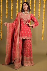 Red Silk Desginer Scallop Border Mirror and Sequin Work Palazzo Suit with Bandhej Dupatta